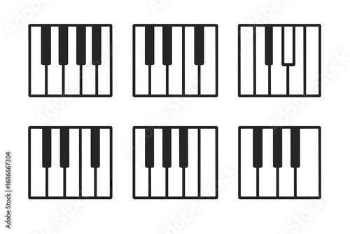 Set of minimalist piano key icons. Linear vector graphic of musical keyboard variations. Simple black and white pattern for music concept, sound design or instrument symbol.