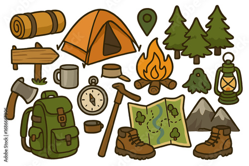 Collection of camping gear and hiking symbols. Cartoon vector icons for outdoor nature adventure. Featuring tent, backpack, fire, map, compass, mountains, and forest elements.
