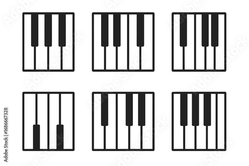 Minimalist linear piano keys icon set. Six variations of a simple keyboard pattern. Vector illustration for music design. Sound, melody and classical instrument concept graphic.