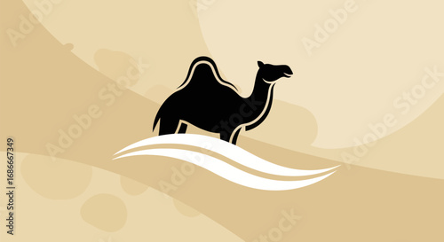 Stylized black camel silhouette on abstract desert sand wave.