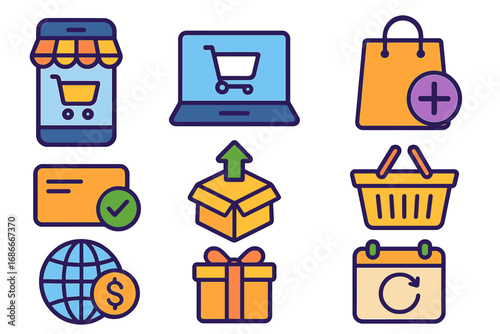Online shopping and e-commerce vector icon set. Flat design concepts for mobile store, cart, basket, delivery, credit card payment, global business, and recurring subscription.