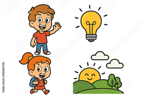 Cartoon vector elements set. Cute kids characters, happy boy waving, schoolgirl running. Idea lightbulb icon. Sunrise landscape with smiling sun, hills, trees and clouds.