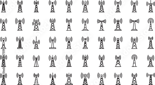 Collection of diverse wireless communication tower icons for network and technology concepts vector