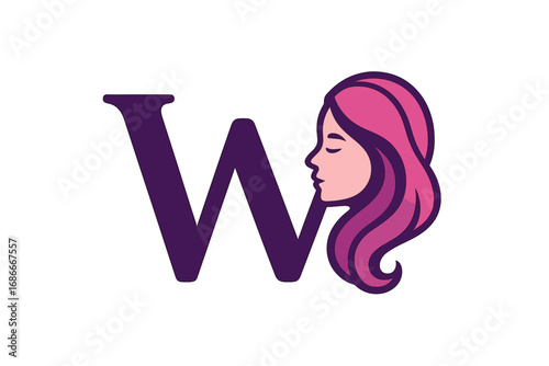 Letter W logo with woman face silhouette. Beauty salon, hair studio, spa icon. Feminine concept for cosmetics, dermatology, wellness. Beautiful girl profile with long pink hair.
