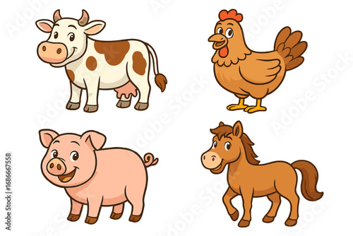Cute farm animals collection. Cartoon cow, pig, horse, chicken character set. Adorable livestock for childrens design. Funny agriculture mascots. Vector cartoon illustration.