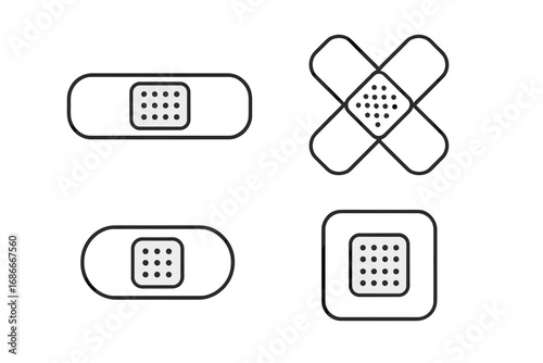 Bandage outline icon set. Medical adhesive sticking plaster for first aid. Minimalist vector illustration of wound care patch. Simple cartoon for healthcare or protection concepts.