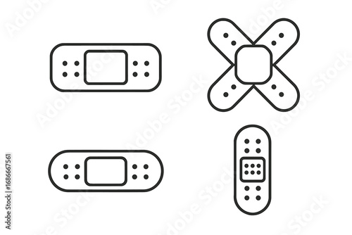 Adhesive bandage outline vector icon set. Medical plaster and patch graphics for first aid. Minimalist cartoon illustration for wound care, injury, and healthcare concepts.
