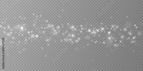 Christmas background with large snowflakes. Crystalline snow particles. White transparent design with snow imagery. Whirling snowflakes, January theme. Landscape with snowstorm.