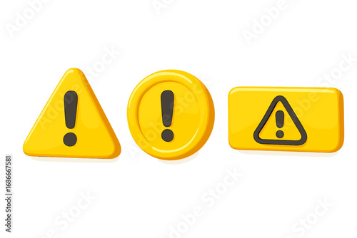 3D warning sign set with exclamation mark. Realistic yellow caution icons. Triangle, circle, and button symbols for attention, danger, risk, alert, and error notification.