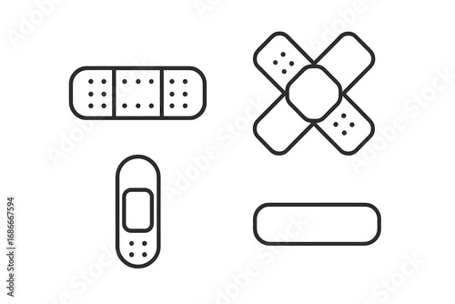 Adhesive bandage outline icon set. Medical plaster vector collection for first aid and wound care. Minimalist patch and strip illustration for healthcare and emergency concepts.