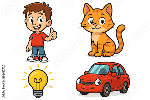 Cartoon vector icon set collection. Cute boy character with thumbs up, orange cat, red car, and idea lightbulb. Isolated graphic design elements for kids and education projects.