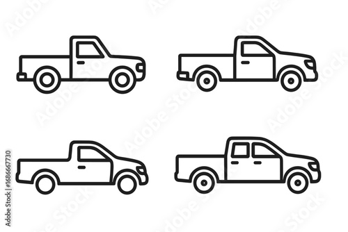 Pickup truck line art icon set. Minimalist collection of various truck designs in side view profile. Vector illustration of commercial utility vehicles for transport and delivery.