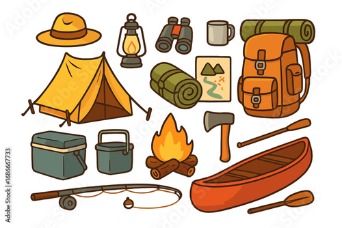 Camping gear essentials for outdoor adventure. Vector cartoon icon set. Includes tent, canoe, backpack, campfire, fishing rod. Hiking and survival equipment collection.