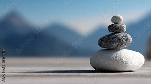 Stacked rocks, varying in size and color, balance on a wooden surface with a blurred mountain backdrop under a blue sky, evoking peace and tranquility
