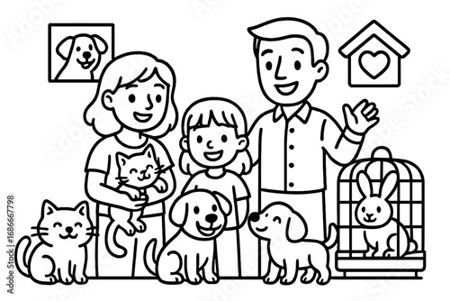 Happy family adopting a new pet from an animal shelter. Parents and child choosing a puppy or kitten. Pet adoption center concept with cute animals. Vector line art illustration.