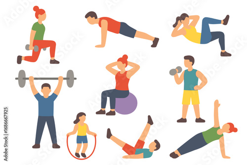 Colorful exercise icons set. Fitness, workout, training poses collection. Vector cartoon people characters. Man, woman sport activity. Dumbbell, barbell, plank, crunch, gym.