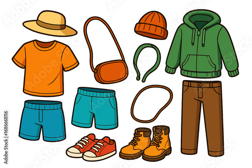Set of casual travel clothes for summer and fall seasons. Collection of men's or women's outfits with accessories for hiking or vacation. Vector cartoon fashion illustration.