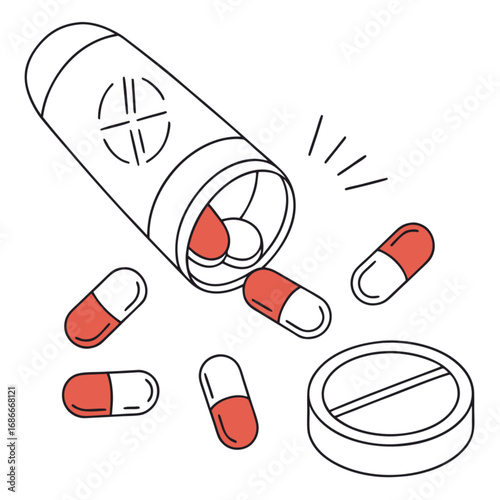 Illustration of spilled prescription pills and capsules from a bottle