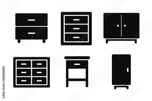 Set of six furniture icons. Black silhouette vector illustration of cabinet, drawer, dresser, nightstand, and chest of drawers. Minimalist pictograms for interior design.