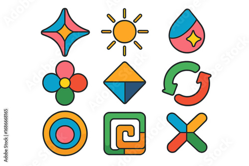 Colorful geometric abstract symbols set. Vibrant flat style icon collection. Vector cartoon illustration. Includes sun, flower, water drop, refresh, target, and universal shapes.