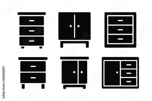 Furniture icon set glyph. Minimalist silhouette of drawer, cabinet, dresser for interior design. Vector collection of storage pictogram symbols. Wardrobe, cupboard isolated.