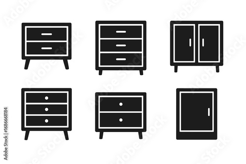 Furniture icon set with minimalist cabinet and drawer silhouettes. Vector collection of modern dresser pictograms for interior design. Simple black household furnishing symbols.