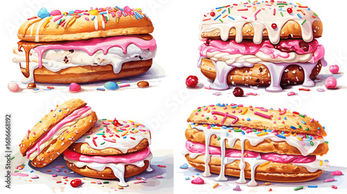 Illustration set of colorful desserts with cream, sprinkles, and icing, ideal for bakery, confectionery, and sweet food design projects.