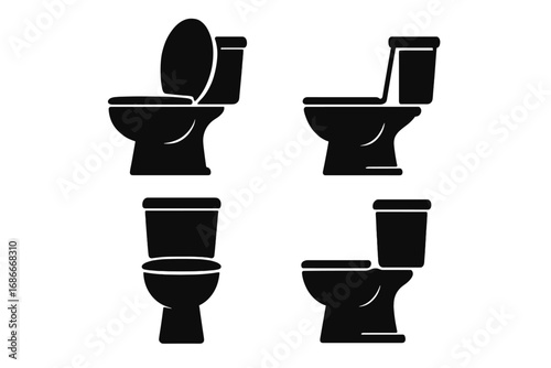 Minimalist toilet icon set with black silhouettes in various angles. Vector for bathroom, restroom, lavatory, and WC symbols. Concept for sanitary, plumbing, hygiene, and public use.