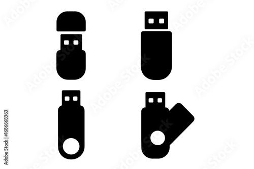 Set of USB flash drive icons in a minimalist black silhouette style. Vector illustration of portable memory sticks for data storage and transfer. Digital technology pendrive concept.