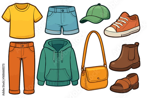 Casual clothes and accessories collection. Set of summer and fall fashion outfits. Vector cartoon illustration with tshirt, shorts, hoodie, pants, shoes, boots, cap, and bag.