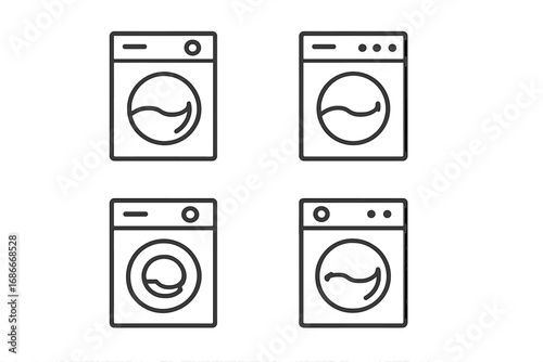 Washing machine line icon set. Minimalist home appliance symbols for laundry service design. Vector illustration of a washer, wash cycle, and household equipment collection.