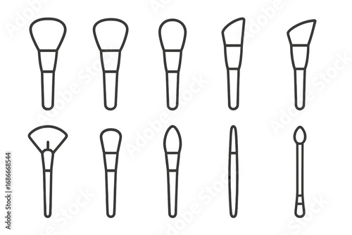 Makeup brush vector icon set. Cosmetic tool line art collection. Beauty salon, MUA, and cosmetology symbols. Foundation, powder, eyeshadow brushes for web and graphic design.