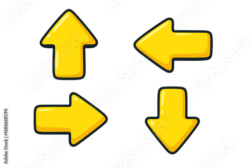 3D yellow arrow pointer isolated icon set. Vector cartoon illustration. Glossy navigation buttons for game or web UI design. Direction concept up, down, left, right. Shiny cursors.