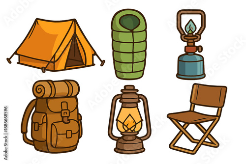 Camping gear vector icon set. Collection of cartoon illustrations for outdoor adventure and hiking. Includes tent, sleeping bag, stove, backpack, lantern and folding chair.
