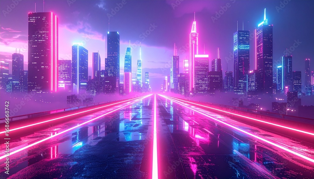 Fototapeta premium Futuristic cityscape glows with vibrant neon lights reflecting on wet streets during a misty night, creating a cyberpunk atmosphere.