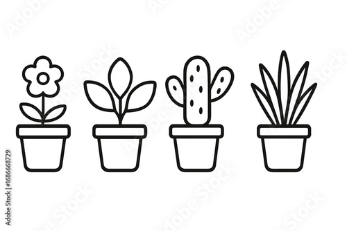 Set of potted plant and flower outline icons. Minimalistic line art vector illustration. Houseplants collection includes flower, cactus, succulent. Simple clean graphic design elements.