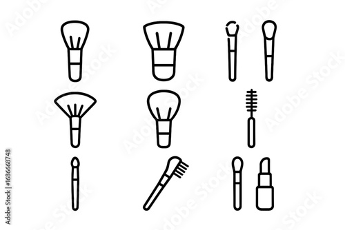 Beauty line icon pack. Cosmetic makeup brush outline set. Vector graphic elements for web design, app, ads. Powder, foundation, eyeshadow, lipstick, mascara, eyebrow symbols.