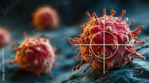 Cancer cells with target crosshair on a blue background, highlighting their location for scientific, medical, and research purposes, representing targeted treatment, oncology studies