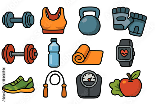 Fitness icons set. Gym workout, training equipment. Healthy lifestyle concept. Vector sport collection. Dumbbell, kettlebell, barbell, scale, jump rope, yoga mat illustration.