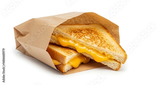 Grilled cheese sandwiches in a brown paper bag dripping melted cheese ready to eat