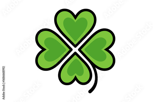 Four leaf clover logo design with heart shaped leaves. Lucky shamrock symbol for St. Patrick's Day. Green plant icon vector illustration. Abstract nature love and good luck concept.