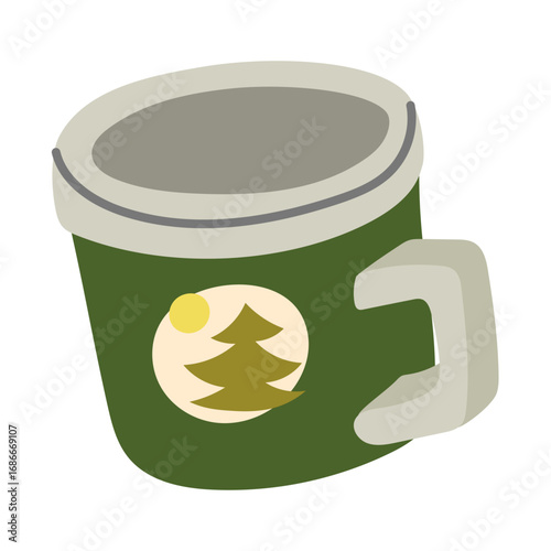 Iron mug. Flat isolated color illustration. Necessary item for hiking. Mug with handle for drinking water, tea. Tableware for eating. Design for postcards. Picnics, hikes, camping