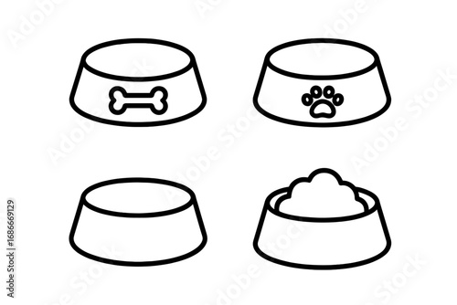 Pet bowls icon set simple line art collection. Dog and cat feeders vector illustration. Food and water dishes with bone and paw print symbols. Empty and full bowls.