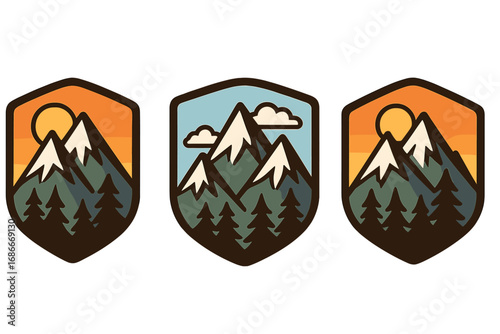 Mountain logo set. Vintage adventure emblem collection. Retro nature patch for hiking, camping, and travel. Forest, sun, peak icon. Outdoor exploration graphic. Vector isolated.