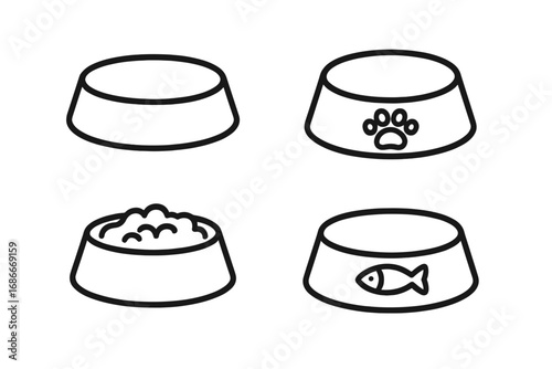 Pet food bowl linear icon set. Vector line art illustration of dog and cat feeders. Animal care concept. Collection of symbols includes paw print, fish, kibble and empty dish.