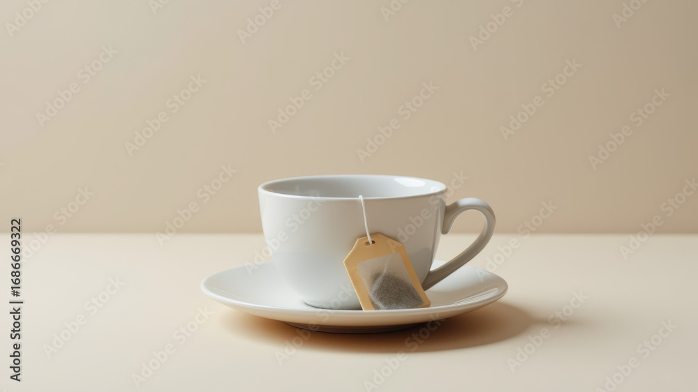 Fototapeta premium White porcelain cup with teabag on saucer in soft neutral tabletop setting
