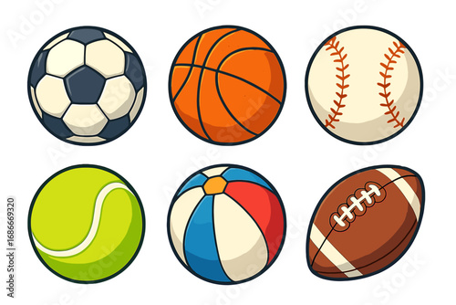 Sports balls vector icon set. Cartoon illustration collection of soccer, basketball, baseball, tennis, American football and beach ball. Game equipment isolated on white.
