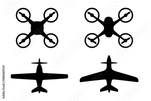 Set of black drone silhouettes. Quadcopter and UAV vector icon collection. Unmanned aerial vehicle for delivery, surveillance, and photography. Military spy plane technology.