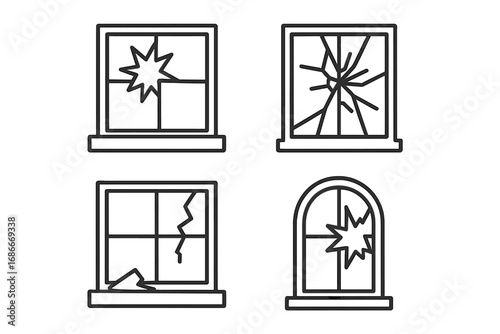Broken window icon set with cracked and shattered glass. Modern outline style vector illustrations. Concept of damage, vandalism, accident, house repair, or emergency situation.