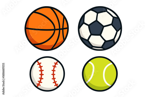 Sports balls vector icon set. Cartoon collection with basketball, football, baseball, tennis. Flat design sport equipment illustration for game, match, competition. Isolated.